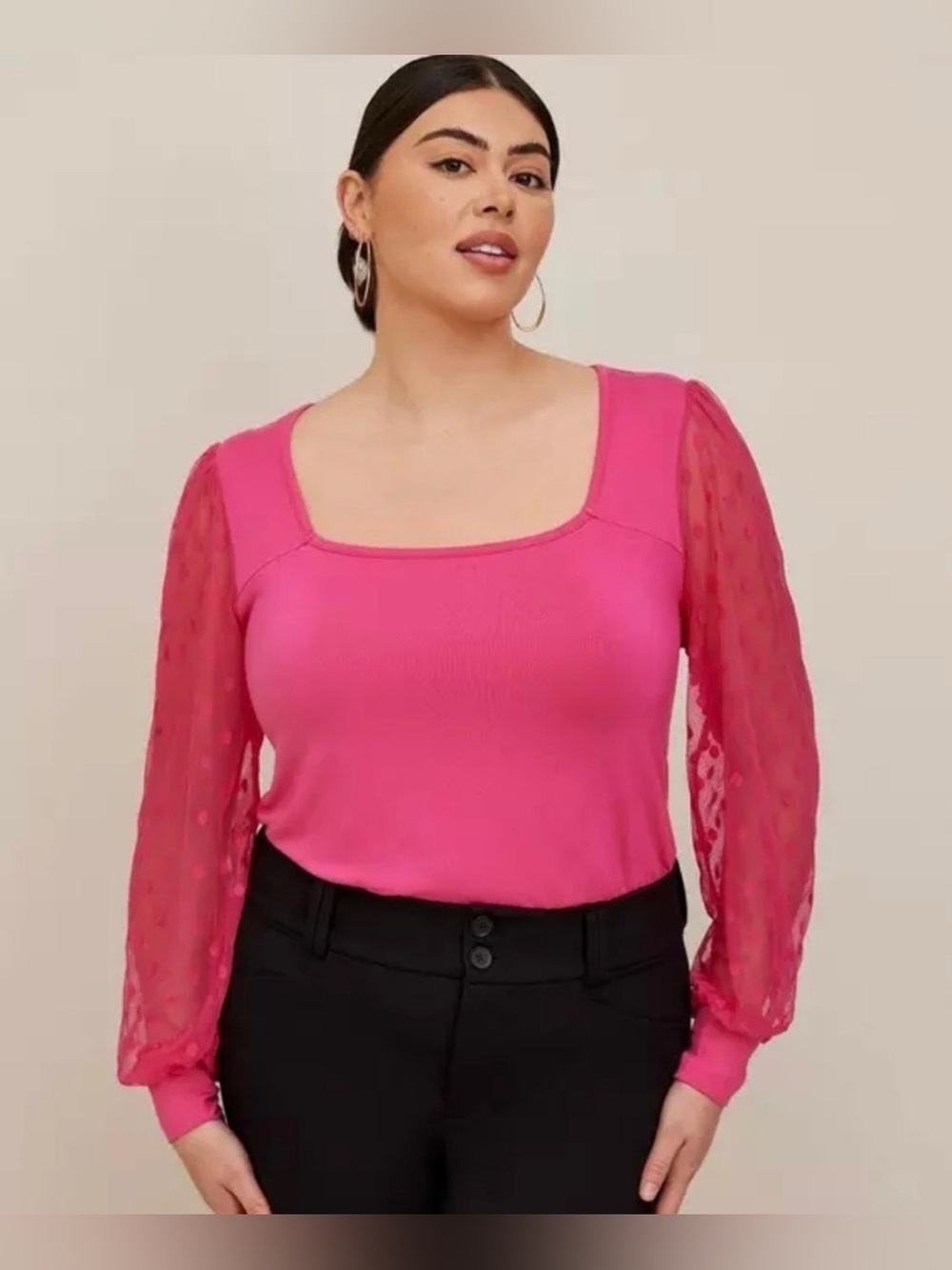 SuperSoft, Fuchsia, Square Neck, Sheer, Polka Dot, Blouse